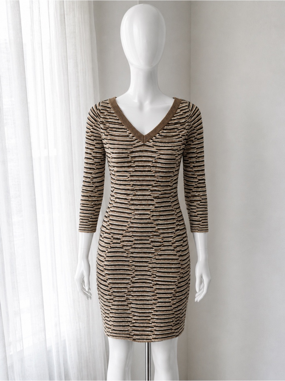 NWT Vintage M Missoni V-Neck Striped Knit Bodycon Dress in Gold and Black Sz 4/6